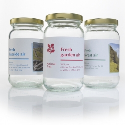 Fresh air from rural and coastal locations around the country captured in jars by the NationalTrust – given out to reduce stress.  Collected from Lake Windermere in Cumbria, Stourhead in Wiltshire and Box Hill, Surrey