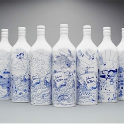 Chinese willow pattern inspired Johnnie Walker porcelain whisky bottles. Designed by creative agency Love, illustrated by Chris Martin.