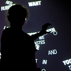 Kinetic Poetry is digital wordplay. 313RGB invite the audience to shift meaning and narrative through a gesture reactive installation. Like Chinese, whispers phrases shift meaning and context with each gesture. 