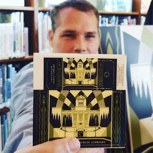 Los Angeles Public Library Card by Shepard Fairey. It features the 90 year old historic Central Library. This is the first new design in 20 years and the first artist card. It is now available at all 73 locations of the LAPL.  