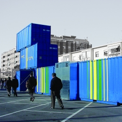 Traveling exhibition structure made with shipping containers.