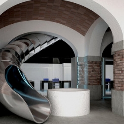 The Museum of ideas and inventions of Barcelona, MIBA, is spread over two floors, connected by this glorious slide. The museum opens its doors on the 23rd of March.