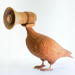 Chilean artist Manuela Viera-Gallo's wooden sculptures of pigeons with explosives, surveillance cameras, or megaphones in place of heads are all part of her 'Pentagon' installation.