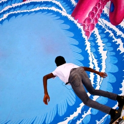 Nevercrew's latest painting: OCTOPUS. Visit the website into the nevercrew's art gallery and look at the big pink octopus coming from the deep water in the pool n°7 of the skatepark of Lugano, Switzerland.