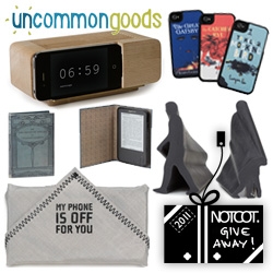 NOTCOT Holiday Giveaway #7: Uncommon Goods has quite the bundle for you ~ a Phonekerchief, an iPhone Alarm Dock, a Literary iPhone Case, The Origin of Species Case, and a Pair of Evolution Erasers!
