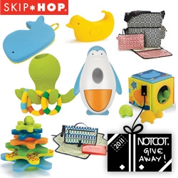 NOTCOT Holiday Giveaway #22: Skip Hop is giving away Jonathan Adler Duo Diaper Bag, a Jonathan Adler Pronto! Changing Station, a Soapster, a Moby, a Ducky spout cover, an Octopus ring toss, a Starfish stay-put stacker, and a Turtle Island play set!