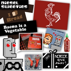 NOTCOT Holiday Giveaway #23: Diesel Sweeties is giving away an I Loaf Bread shirt, a Pixel Siracha shirt, a Bacon is a Vegetable shirt,  a super pack of pixel socks, and both the Crush All Humans! and Pocket Sweeties Volume 1 books!