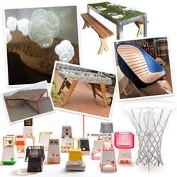 From wheelbarrow chairs and bot like modular lamps… beautiful tables made of stunning wood or grassy tops… lamps both generative and basketball inspired… and more! A look at the NOTCOT favorites from NY Design Week 2012!