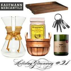 NOTCOT Holiday Giveaway #21: Kaufmann Mercantile! Chance to win a Wine-Scented Candle, EDC Kit, Chemex Handblown Coffee Maker, Buttermilk & Honey Pancake Mix, Black Walnut Board, and a Handmade Picking Basket.