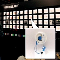 Urbanears + Marshall Headphone booth at CES ~ gorgeous! Who can resist ears in glowing boxes... with a rainbow of headphones/earbuds to play with?
