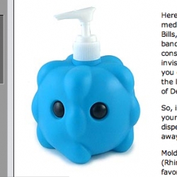 Molded plastic liquid soap dispenser in the shape of the common cold (Rhinovirus), but magnified a million times.
