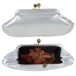 Shiny metallic leather on the outside ~ naughty kama sutra satin printed lining on the inside ~ Anya Hindmarch's Small maud clutch.