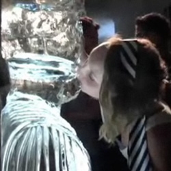 Kissing an ice sculpture of Richard Nouveau of Pocket Change to get your shot from the ice luge going through his head... made by the most expensive ice sculptor in NY - Okamoto Studios