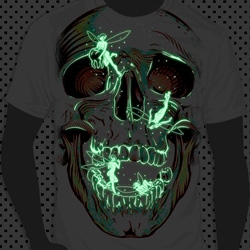 Impressive tshirt design "Tief Fairies" by Frank Barbara... a skull in the light, and you can see the green fairies pulling at him in the dark (glow ink!)