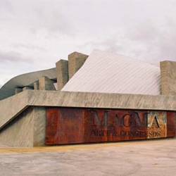 The Magma Arts and Conference Centre features local volcanic stone, however it is almost entirely made out of concrete; cast concrete, concrete blocks, concrete tiles used cleverly back side facing out, and rough concrete worked on site by local craftsmen...