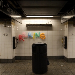 Using colorful media such as twisting balloons, party streamers, and artist tape, D. Billy adds visual representations of sound effects to public spaces as a sort of dimensional graffiti.
