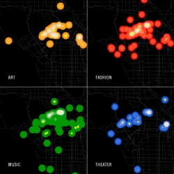 “The Geography of Buzz.” - mining photos from Getty Images that chronicled parties, etc on both coasts for a year, beginning in March 2006. The maps show the density of different types of cultural events in New York and Los Angeles.
