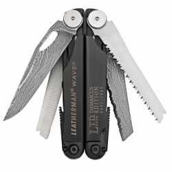 Leatherman has a limited edition DAMASCUS WAVE! . Forged and etched process-intensive Damascus steel is featured on the Wave’s outside-accessible straight and serrated knives. Only 1000 will be produced in 2009.