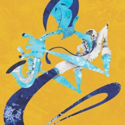 This fashion victim is a cigarette dwelling sax genie. Influenced by genie in Aladdin and short film 'The Cat Piano', this piece is made from a combination of photoshop masks and Indian Ink textures. BY Mete Erdogan.