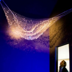 Lacrime del Pesacatore for Euroluce 2009 by Ingo Maurer at Milan Design Week ~ Enclosed in a velvet display case of cobalt blue as a jewel, shines spreading a magic light.