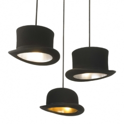 Jake Phipps' elegant tongue in cheek pendant lamps. Jeeves’s bowler hat is lined with a refined gold interior, whilst Wooster’s top hat has a more distinguished silver lining. Both exude that quintessential British combination of regimented style and eccentricity.
