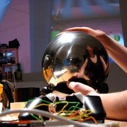 Kelly, aka Kellbot, designed a huge custom track ball controller for Katamari Damacy!