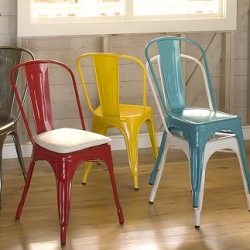 Tolix Cafe Chairs - Since the 1930s, these French-made chairs – have been adding style to dining spots from bistros to back yard. Built of galvanized steel and fitted with rubber feet to prevent scratching.