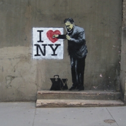 Banksy has arrived in New York City in his on-going North America tour. He gives the city a warm welcome with this "I Heart NY" piece spotted today.