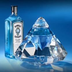 Bombay Sapphire's Revelation, first of 5 spirit bottles designed by Karim Rashid. The crystal bottles are handcrafted by Baccarat, and adorned with sapphires and diamonds from Garrard. $200,000.00