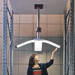 The Plus Pendant is an interactive OLED luminaire designed which flexes to change the lighting properties.  Controlled via a bluetooth connected tablet app.