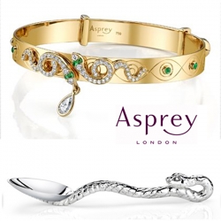 Brangelina has designed a line of Sterling silver baby gifts and fine jewelry with a snake motif for Asprey. The Protector collection benefits the Education Partnership for Children of Conflict.