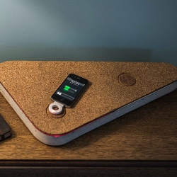 A series of designer magnetic induction wireless chargers. The dual device ConcreteCharger features two induction hearts and is made of poured concrete and cork.