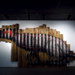 Images from Belgian-artist Roa's solo show at Factory Fresh, Brooklyn.  Huge spray-painted animals with skeletons & vascular systems exposed.