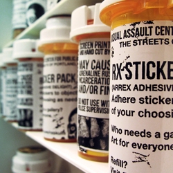 Created by Portland street artist, Rx, these prescription bottles have been modified to hold a bounty of street art stickers. Warning: May cause adrenaline rush, incarceration, and/or fine if taken on city streets. 