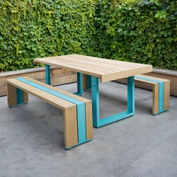 Just in time for summer, the SR White Oak table set, fabricated in Los Angeles and made from American white oak and enameled aluminum.  By Scout Regalia.