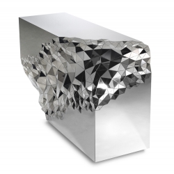 The Stellar Console Table by Jake Phipps is inspired by the natural attributes of amethyst geodes. 900 individually sized and angled mirror sections  create an optical dispersion that breaks down the light and the surrounding environment.
