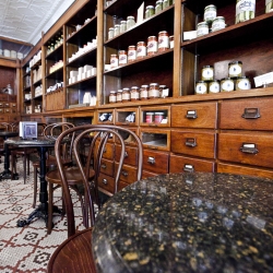 A look inside a renovated pharmacy that has been converted into an ice cream shop. Brooklyn Farmacy & Soda Fountain.