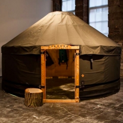 The Trakke Outpost is a custom built, ventile cotton yurt designed to be transported on a bicycle trailer. On display as part of the 'Many Hands' exhibition in Glasgow, Scotland.