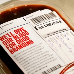 We'll give our blood for good branding. Touch Branding identity includes a direct mail piece of a real blood bag filled with a fake blood.