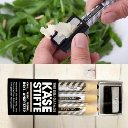 Cheese pencils come with 3 different "lead" flavors (pesto, chilli and truffles). Use the provided sharpener and sharpen them onto your food. 
