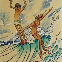 A painting by Sketch Holiday the cover artist for the  new book Switch Foot - a celebration of pre-professional surfing