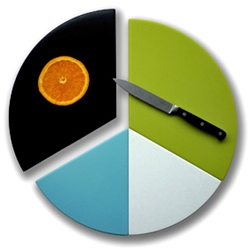 SLICE by David Weatherhead is a chopping board/serving platter that divides itself in 4 self aligning segments. Acrylic stone and concealed magnets. Copyright free symbol of peace: Gerald Holtom, 1958.