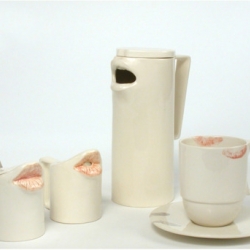 This fun and quirky tea (or coffee) set is a real conversation piece. Slipcast in porcelain clay with a completely life-like mouth-shaped pour spout.