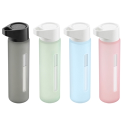 Super slim Takeya GLASS water bottles sheathed in gorgeous translucent silicone sleeves.  Handy finger hook makes them easy to grab and narrow design lets them fit anywhere.