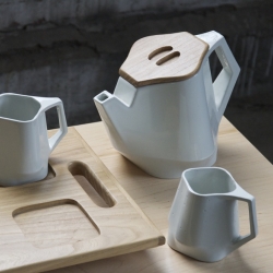 Beautiful slip-cast porcelain and wood tea set by Wendy Puerto.