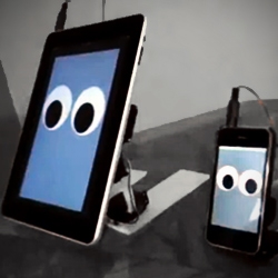 Robot maker Kazu Terasaki, using the same design approach as his iPhone bipedal robot but with stronger servos, has created an iPad Walking Robot, with googly eyes!