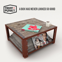 'Treff Punkt' was previously a Swiss rail transport box that has been cleverly re-formed to become a functional  Swiss industrial chic Coffee table.