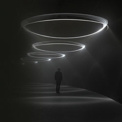 Step inside 'Momentum,' installation from United Visual Artists (UVA) at Barbican Centre, London. Void of darkness, filled with 12 illuminated pendulums swinging rhythmically from the sky, time and physical space feels distorted.