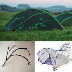 Tent Husky, be Design-Brothers - This tent design is inspired by nature and see the other images and sketches of how it resembles a large covered fallen tree branch.