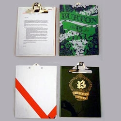 On awesome press releases - CoolHunting got recycled snowboard clipboards from the Burton NY Showroom!